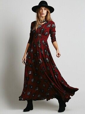 Free People "First Kiss" Maxi Dress in Burgundy Floral, Small